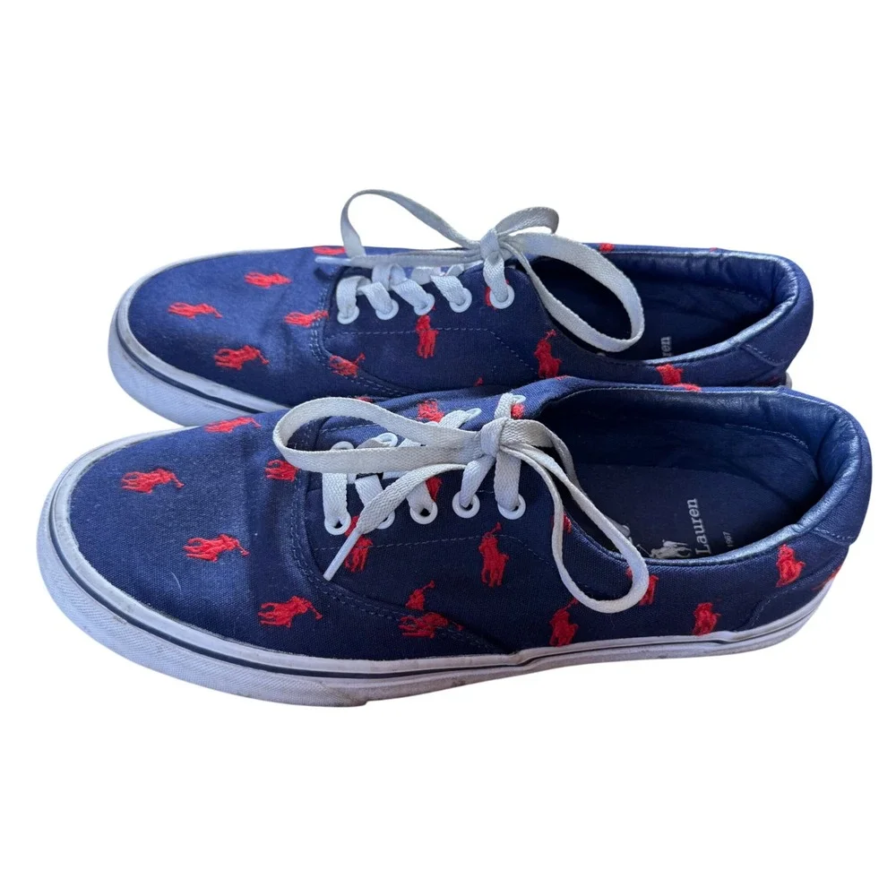 Polo Ralph Lauren Mens Navy Blue Red Pony All Over Print Canvas Sneakers Shoes